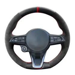 Hand-Stitched Non-Slip Black Genuine Leather Suede Braid Car Steering Wheel Cover Black Suede For Alfa Romeo Giulia Stelvio