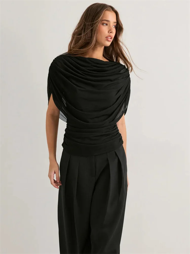 

Tossy Black Loose Fashion T-Shirts Top Women's Pleated Solid Commute High Waist Summer 2026 New Y2k Top Female Cropped Tee Top