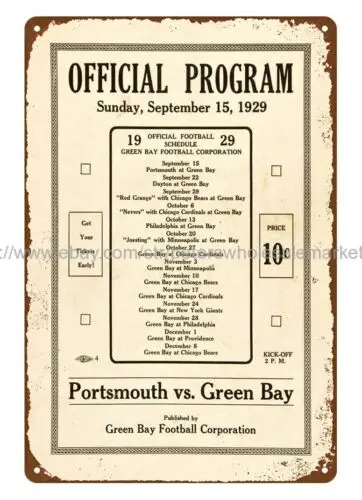 1929 football  vs Portsmouth sports Program metal tin sign