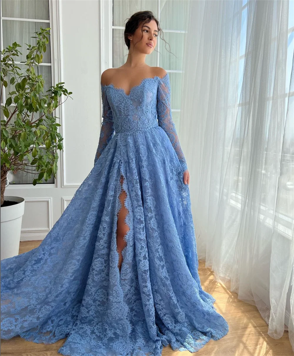 Annie elegante abito da sposa da donna in pizzo di lusso maniche lunghe abiti da ballo A forma di spacchi laterali con spalle scoperte abiti da occasione su misura