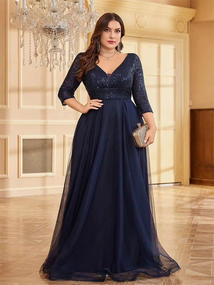 

XUIBOL Plus Size Elegant VNeck Sequin Evening Dress Long 2024 Women Chiffon Long Sleeve Party Prom Mermaid Luxury Cocktail Dress