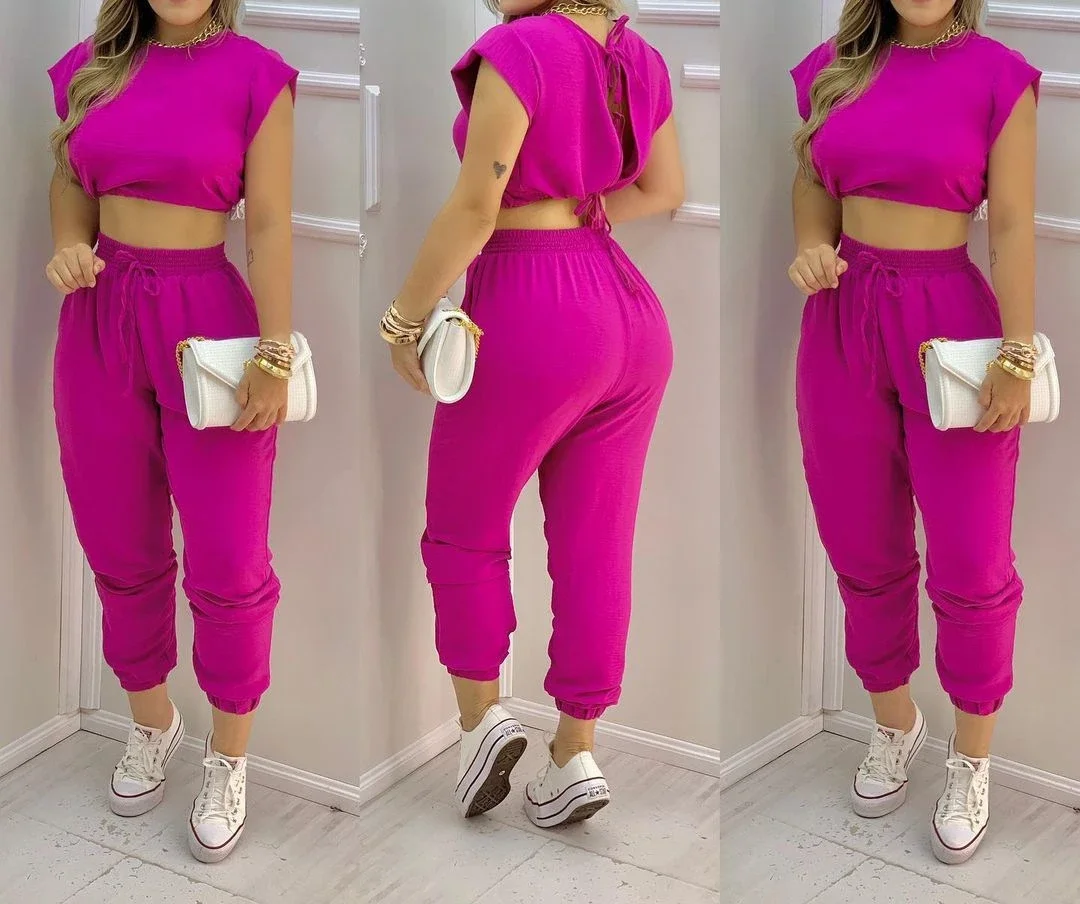 Fashion 2 Piece Set Women Outfit 2024 Summer Rose Red Casual Backless Lace Up Crop Top & High Waist Pocket Cuffed Pants Suits