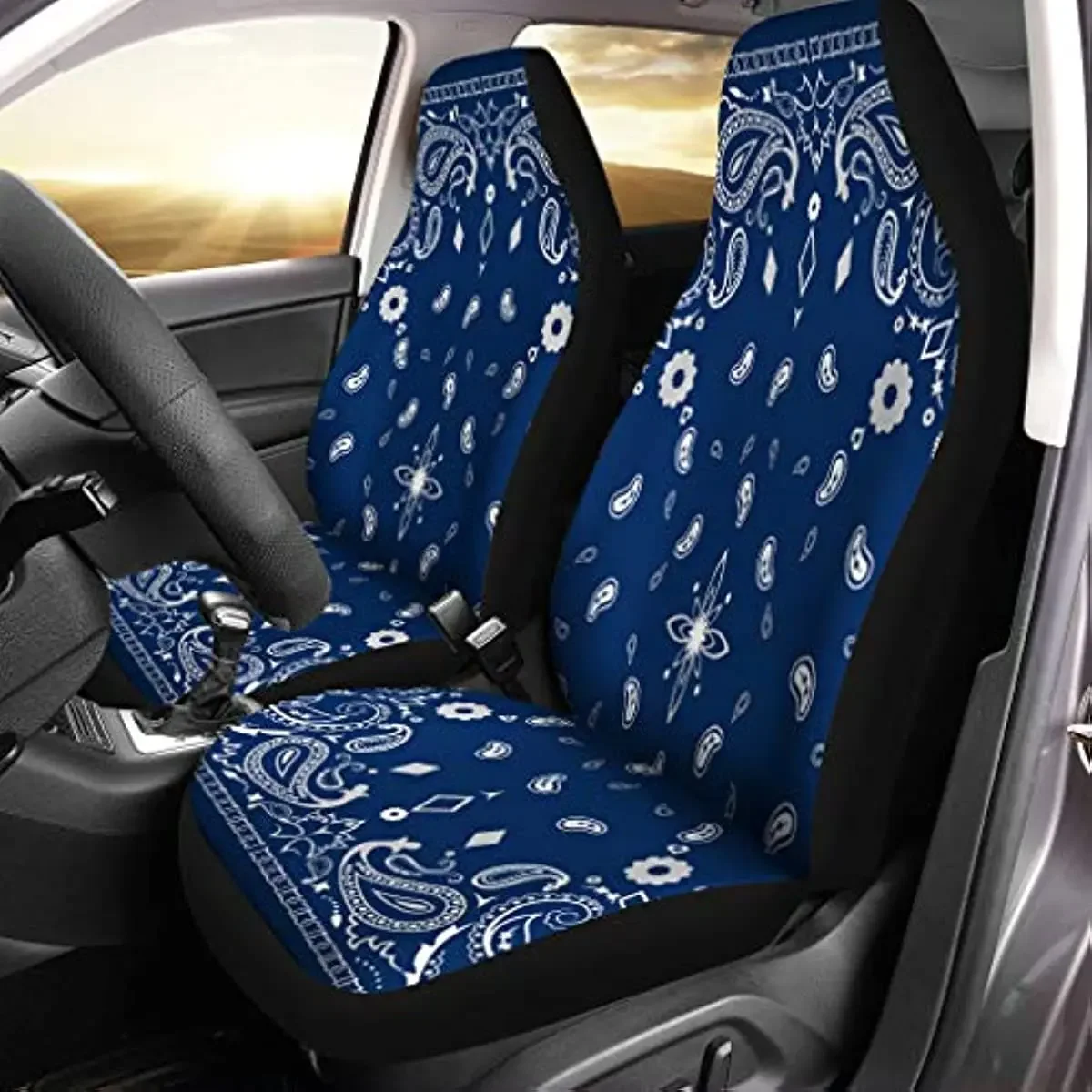 Pinbeam Car Seat Covers Colorful Scarf Blue Paisley Pattern Bandanna Border Floral Set of 2 Auto Accessories Protectors Car