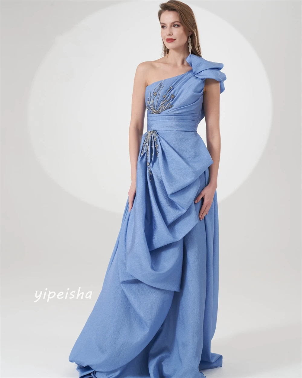 Jersey Sequined Ruched Beading Christmas A-line One-shoulder Bespoke Occasion Gown Long Dresses