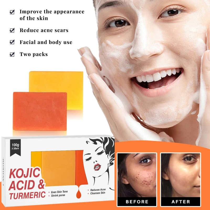 100g X 3Pcs Kojic Acid Turmeric Body Soap Cleansing Melanin Whitening Moisturizing Beauty Health Dark Spot Brighten Skin Tone