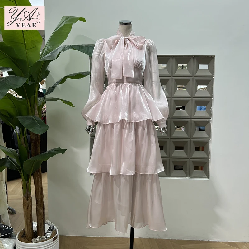 

Solid Spliced Bowknots Runic Light Gauze Ribbon Dresses for Women Round Neck Long Sleeve High Waist Dresses Female Fashion