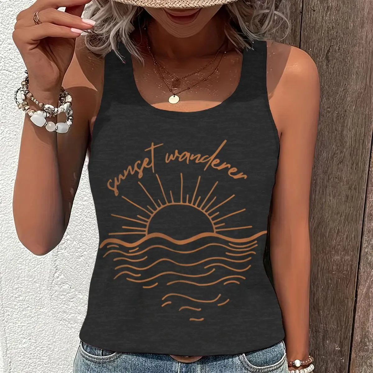 Women Vintage Sunset Minimalist Beach Graphic Racerback Tank Top Summer Vacation Sunset Wanderer Sleeveless Basic-Fit Vest