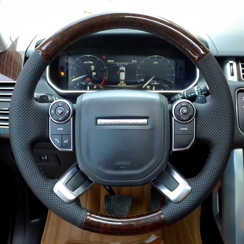 

Сшитый вручную нескользящий черный чехол на руль из натуральной кожи с текстурой персикового дерева для Land Rover Range Rover Evoque Discovery 5