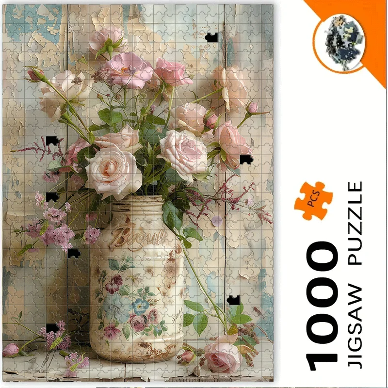 Puzzle dla dorosłych 500/1000 elementów, duże, w stylu vintage, różowe róże i murarz - wyzwanie kolorowe 5D, średnio trudne łamigłówki, DIY do domu