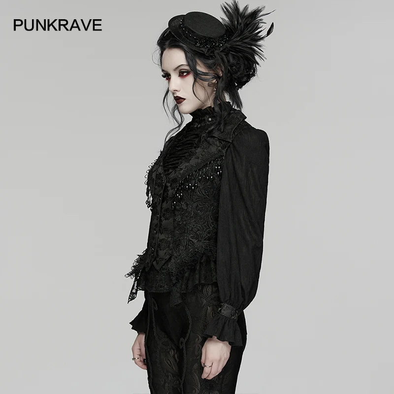 PUNK RAVE Women Gothic's Gorgeous Embroidered Twill Vest Tassel Bead Chains Ruffle Lace Hem Dark Punk Visual Kei Tops