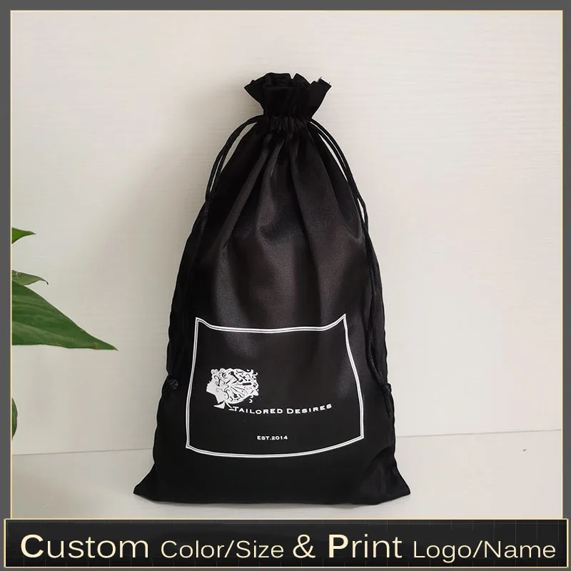 50pcs 18x30cm Black Satin Hair Drawstring Bags Extensions Makeup Beauty Case Shoes Products Storage Packaging Bag Custom Logo