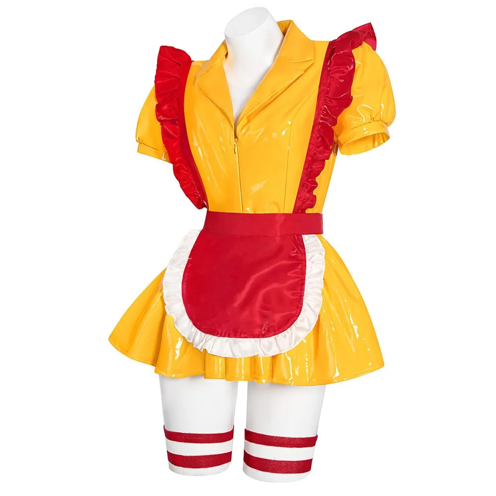 Women's Sexy Leather  Lingerie Maid Uniform Set Waitress Yellow Dress with Red Apron and Hat Halloween Cosplay Costume view 5