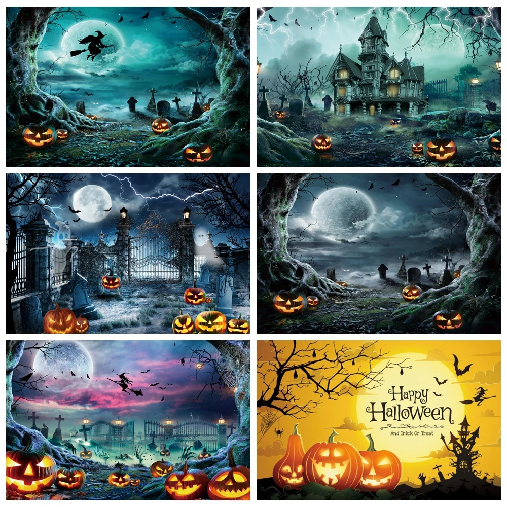 

Halloween Photography Backdrop Castle Horror Pumpkin Bat Moon Scarecrow Baby Kids Portrait Photocall Background Photo Studio