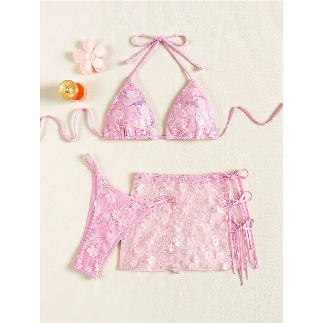 S - XL Dreiteiliges Bikini-Set mit Rock, Blumen, Pailletten, Damen-Bikini, Badeanzug, Badebekleidung, Badeanzug, Schwimmbekleidung V7864 – Detail 5
