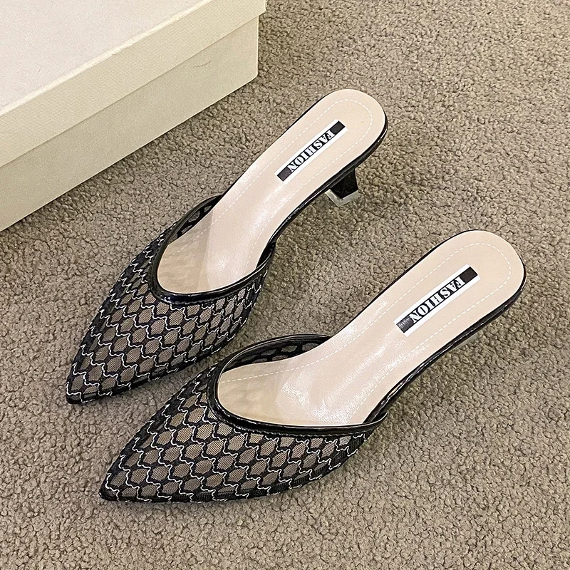 

Pop Hollow And Breathable Mesh Bag Head Half Slippers Women's Summer Wear 2025 High-heeled Pointed Muller Cool Slippers
