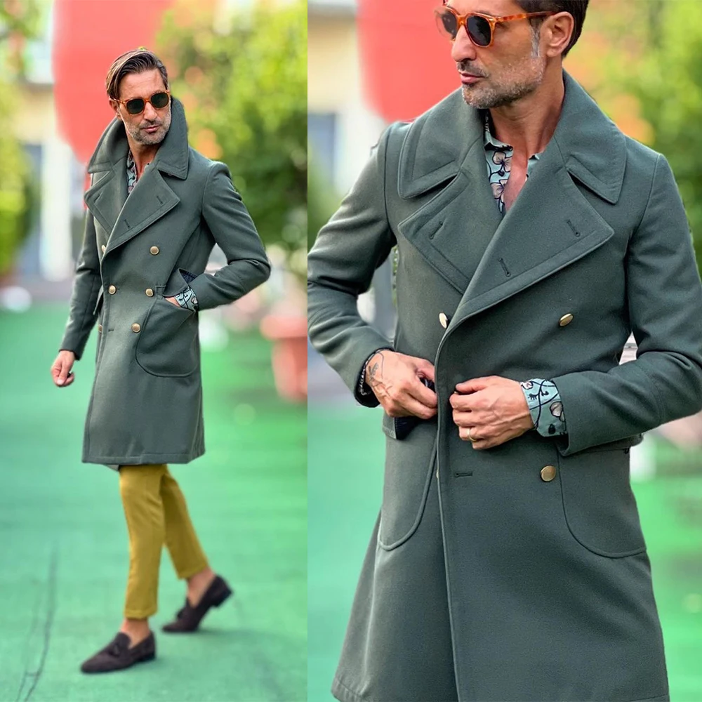 

Fashion Winter Man Overcoat Long-length One-Piece Blackish Green Woolen Tuxedos Plus Size Cotton Handsome Formal Blazer Business