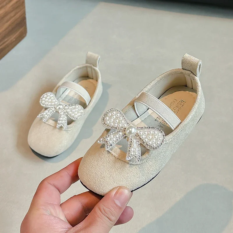 Girls Moccasins Sweet Pearls Elegant Slip-on Children Flat Shoes Soild Color Cute 2025 New Kids Loafers Non-slip Soft Comfort
