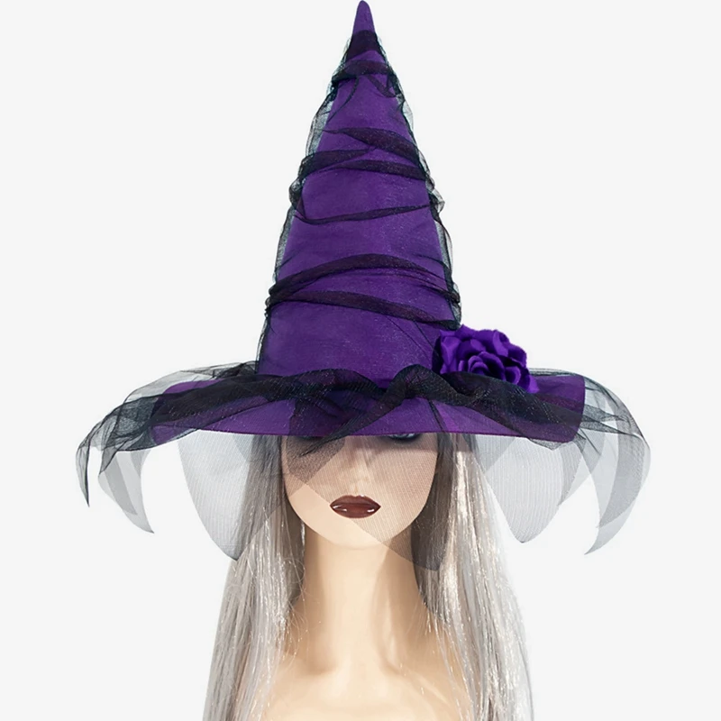 Halloween Baroque Witch Hat Mesh Artificial Flower Accessories Gothic Queen Cosplay Witch Hat Party Photo Props