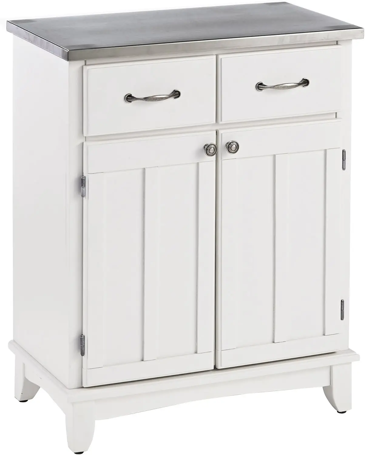 Buffet of Buffets White with 18-gauge Stainless Steel Top, Two Drawers, Two Wood Panel Doors, Brushed Steel Hardware