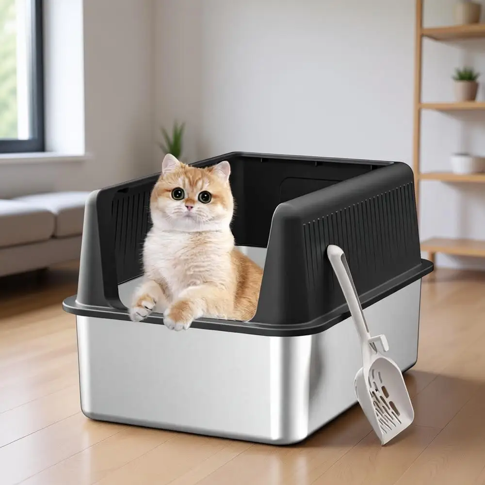 

Stainless Steel Cat Litter Box with Lid, XL, 19.7 L x 13.8 W x 11.8 H Deep, Large Metal Litter Box with High Sides for Small and
