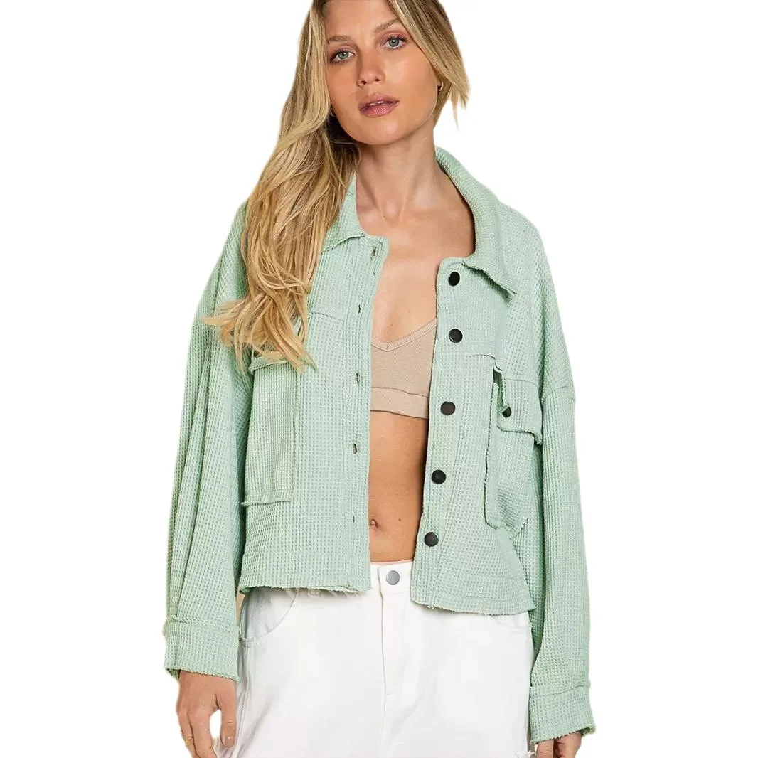 women's high-end waffle extra cardigan polo collar short top Temperament commuter coat solid color jacket for women