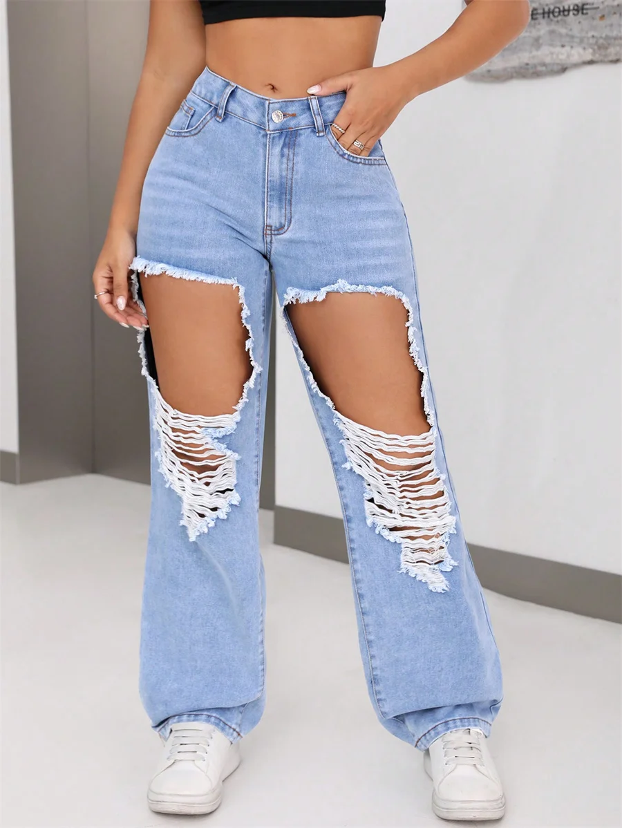 

Benuynffy BF Style Ripped Hole Jeans Women's American Streetwear High Waisted Jeans Vintage Loose Straight Leg Denim Pants