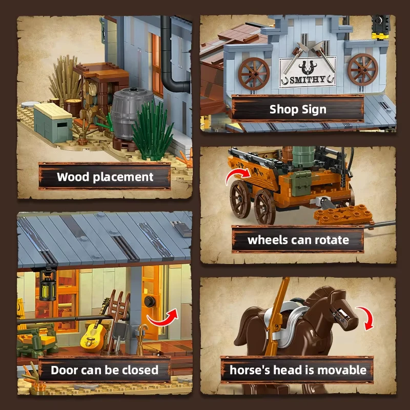 Westerse Smid Winkel Bouwstenen Kit MOC Middeleeuwse Straatbeeld Kruidenier met Vervoer Model Bakstenen Diy Speelgoed Kids Gift