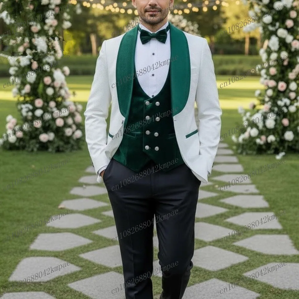 

White Black Green Velvet Formal Men Suit Groom Groomsman Wedding Party Prom Business Male Tuxedos 3 Piece Set Blazer Vest Pants