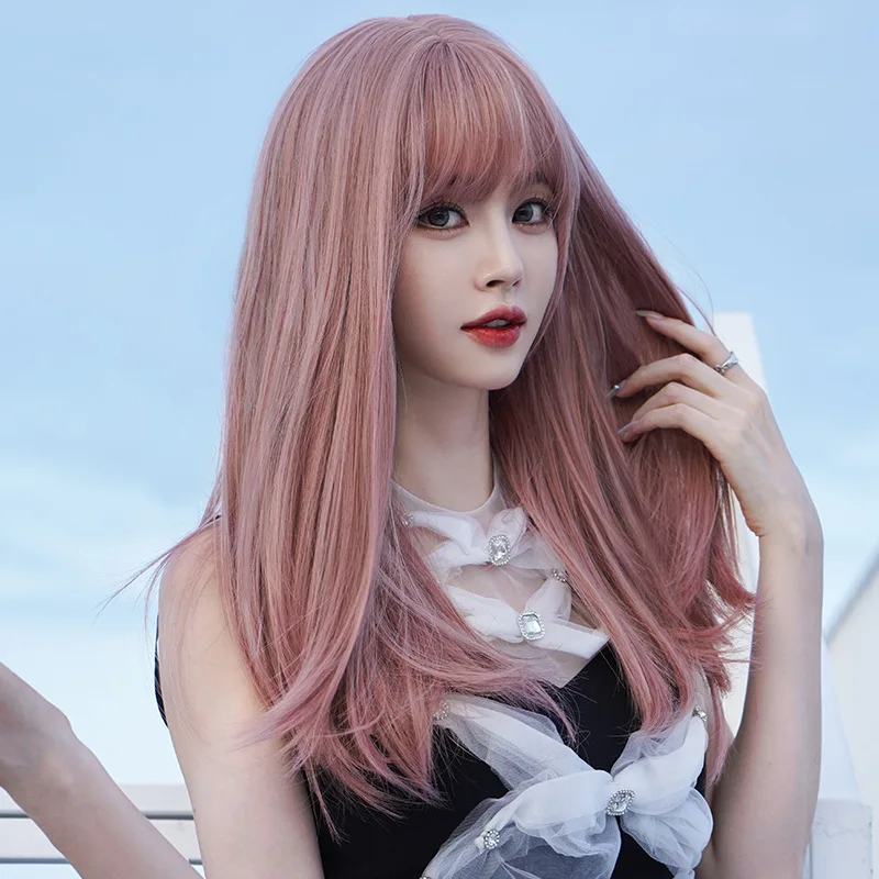 Women's , full head style, internet celebrity long straight hair with air bangs, pink , fashionable wig - view 4