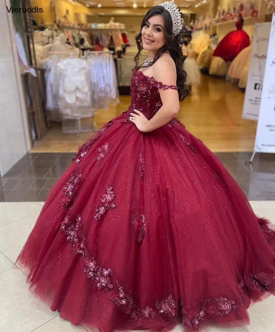 فساتين Quinceanera مكشوفة الكتف باللون العنابي ترتر لامع لمدة 15 عامًا فستان حفلة مثير بدون ظهر للفتيات الطويلات #3