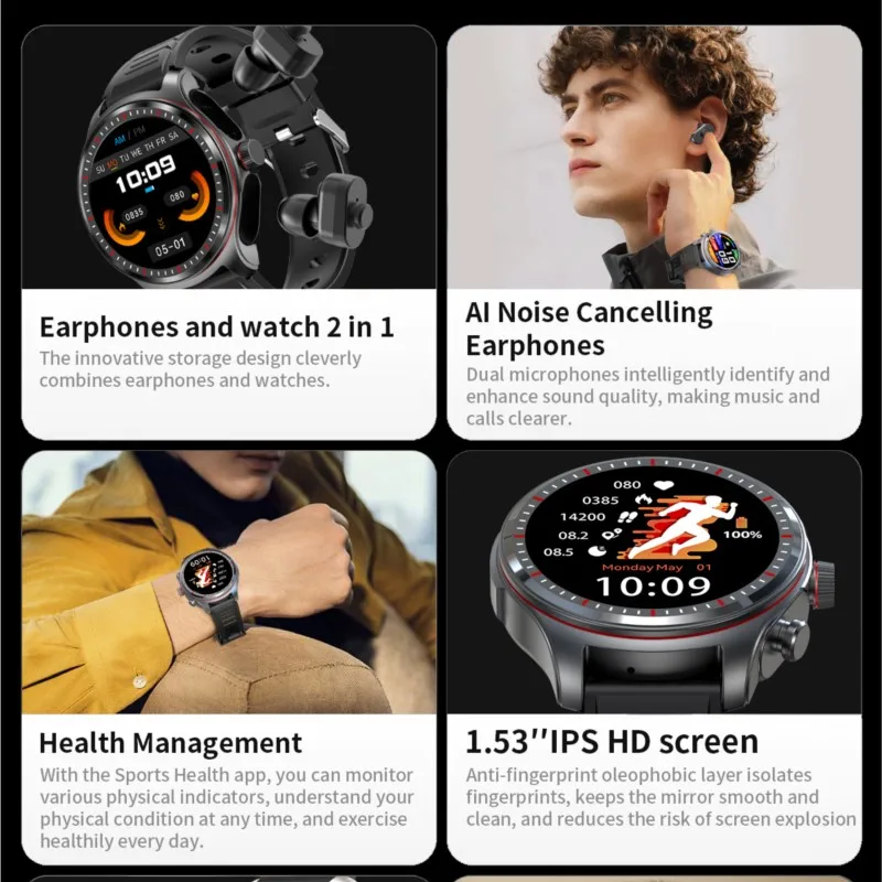 2025 New Fashion Smartwatch Men Women Wrist Clock Bluetooth Call Wristwatch DIY Dials Smart Watch with TWS Earphones 2 in 1