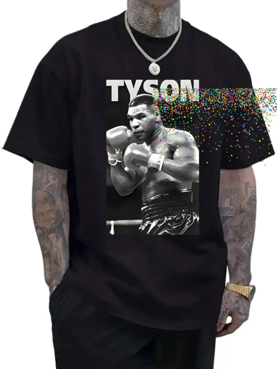 Men's 100% cotton boxing T-shirt with round neck and short sleeves-printed with the design of boxer mike tyson.