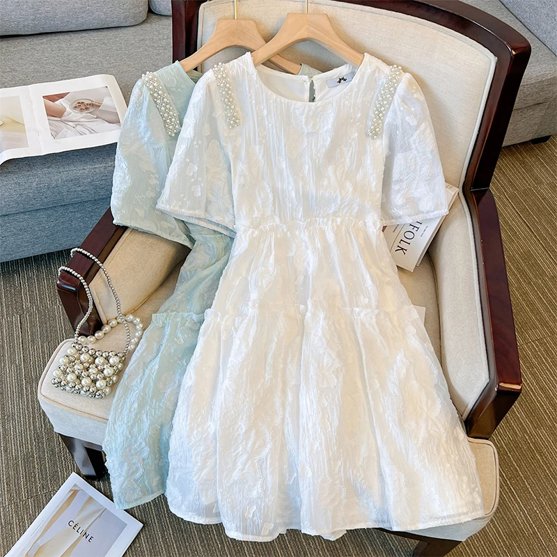 Plus-size Women's Summer Casual Princess Dress Pearl Decal Light breathable polyester dress with solid color lining party dress