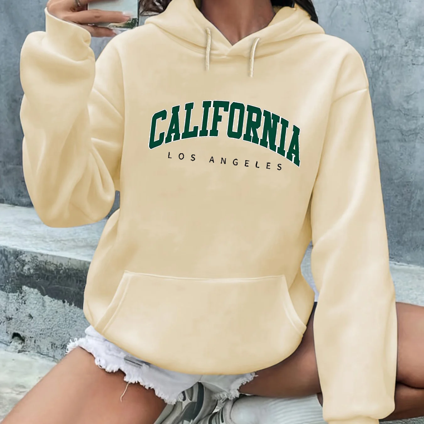 سترة نسائية للخريف والشتاء دافئة وفضفاضة كاجوال بنمط كاليفورنيا لوس أنجلوس مطبوعة من جلد الغزال بأكمام طويلة وغطاء للرأس #6