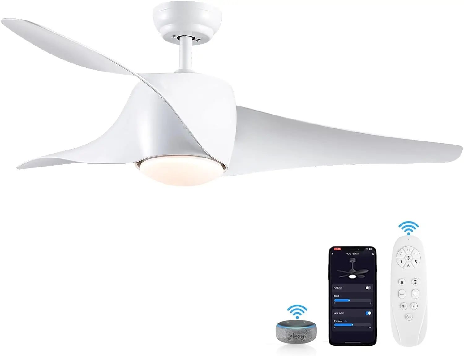 SNJ-Plafonnier intelligent avec télécommande, ventilateur de plafond blanc 52 pouces avec lumière, plafonnier moderne