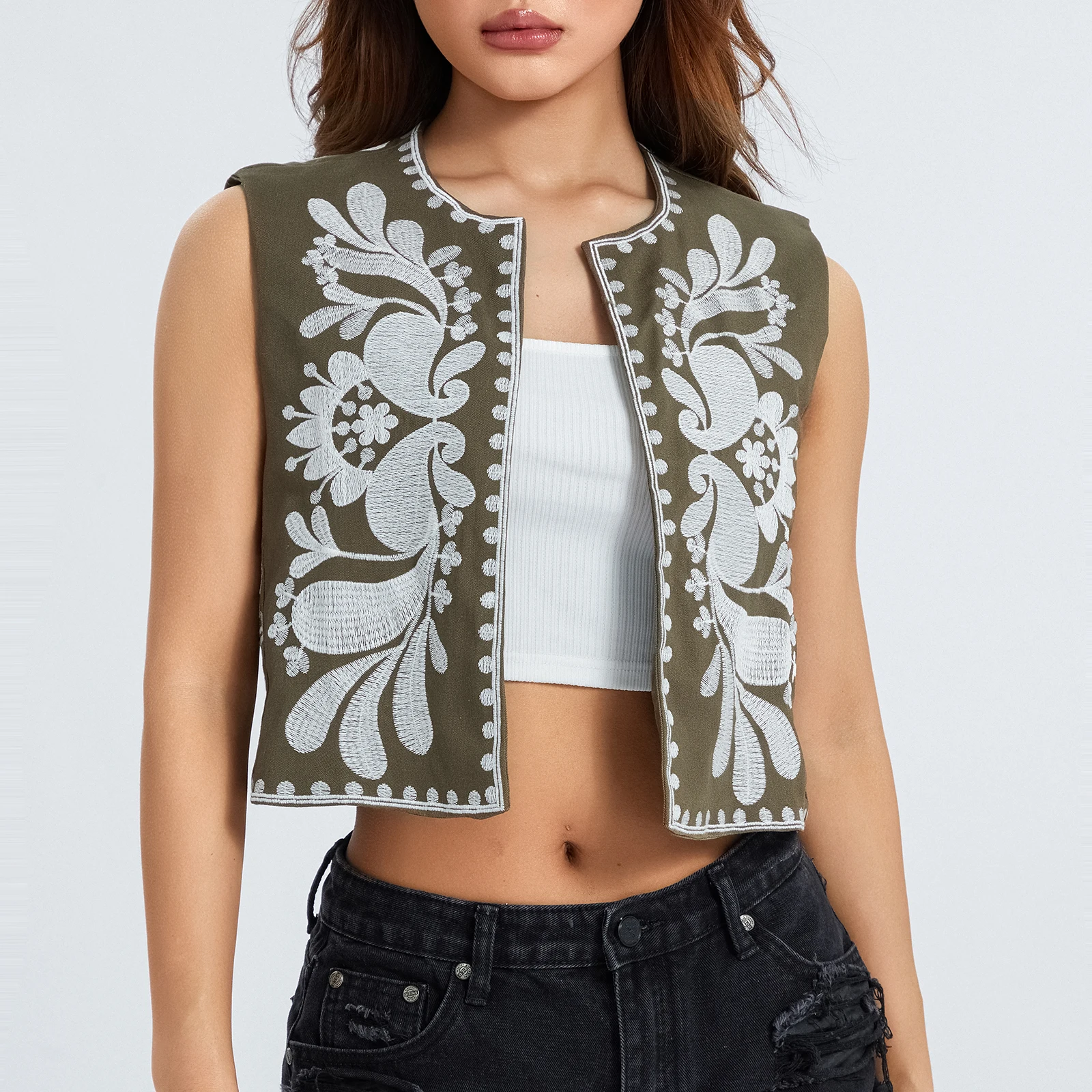 

Vintage Women Floral Embroidery Vest Jackets Summer National Style Open WaistCoat Casual Patchwork V Neck Ladies Short Vest Tops