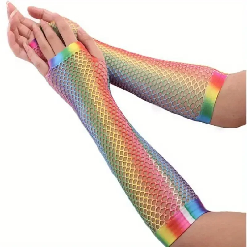 1 Pair Long Rainbow Gloves Elastic Breathable Fishnet Gloves Party Rave Fingerless Gloves For Women Girls