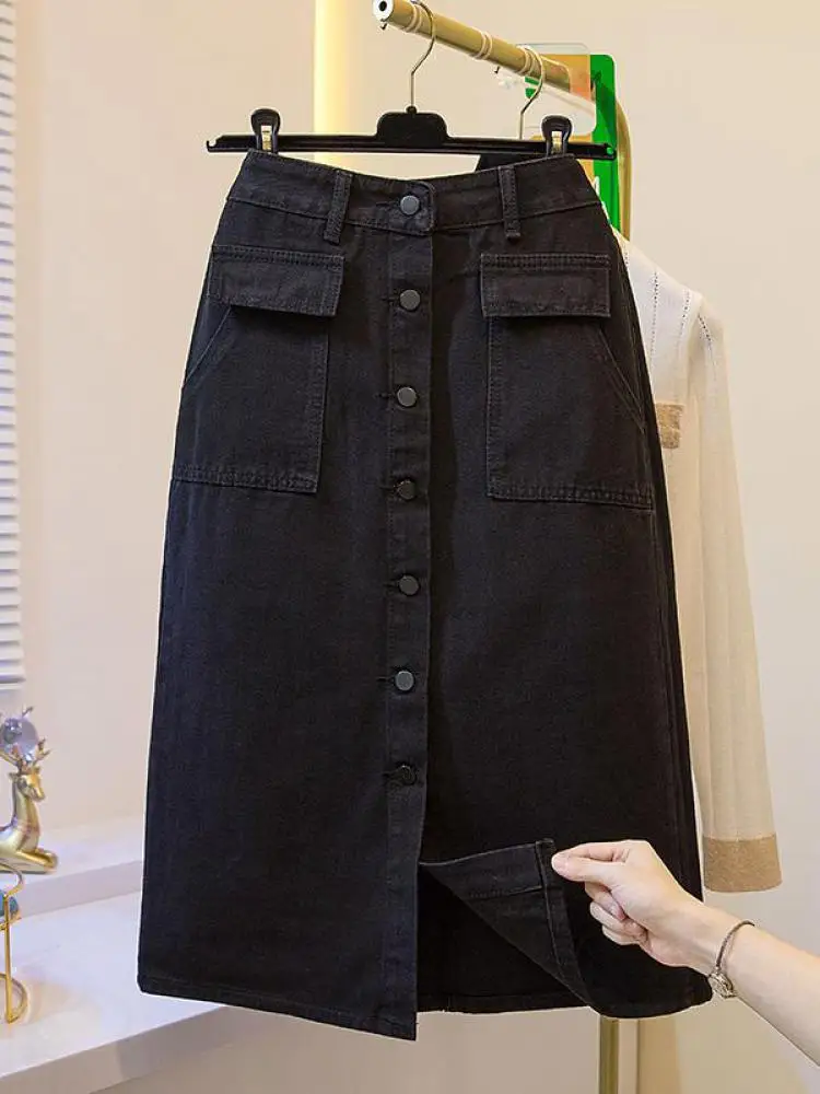 

Fashion Autumn Black Denim Skirt Women High Waist Single-breasted Front Slit Jean Skirts With Pockets Oversized A-line Vintage