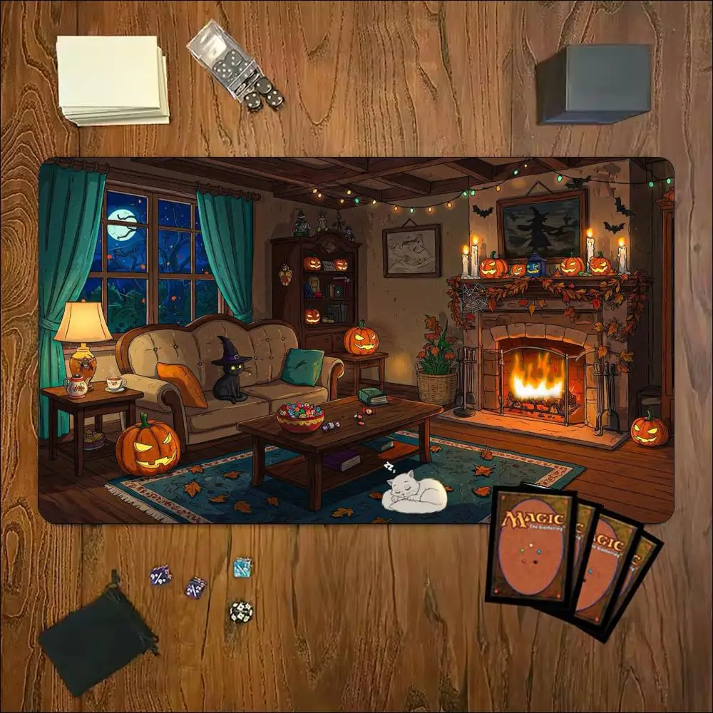 Extra Large Halloween Living Room TCG Cartoon Witch Cat Warm Sofa Scene Anti-Slip Locked Edge Rubber Base Card Game Keyboard