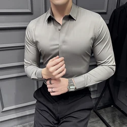 2024 Solid Color Shirts Men Long Sleeve Slim Fit Casual Shirt Seamless Elasticity Business Formal Dress Shirts Men Clothing