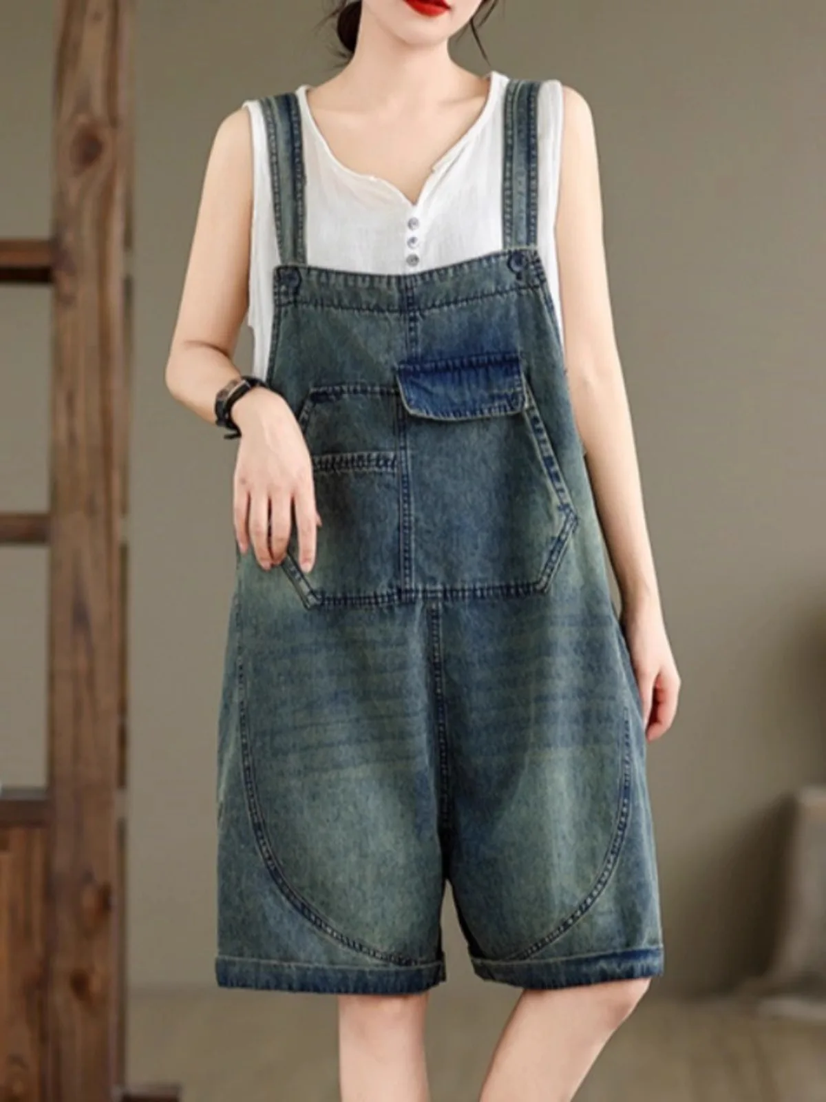 

Summer New Women's Denim Five-Quarter Overalls Loose plus Size Striped Patchwork ter Ne High Waist Wide Leg One-Piece Suit