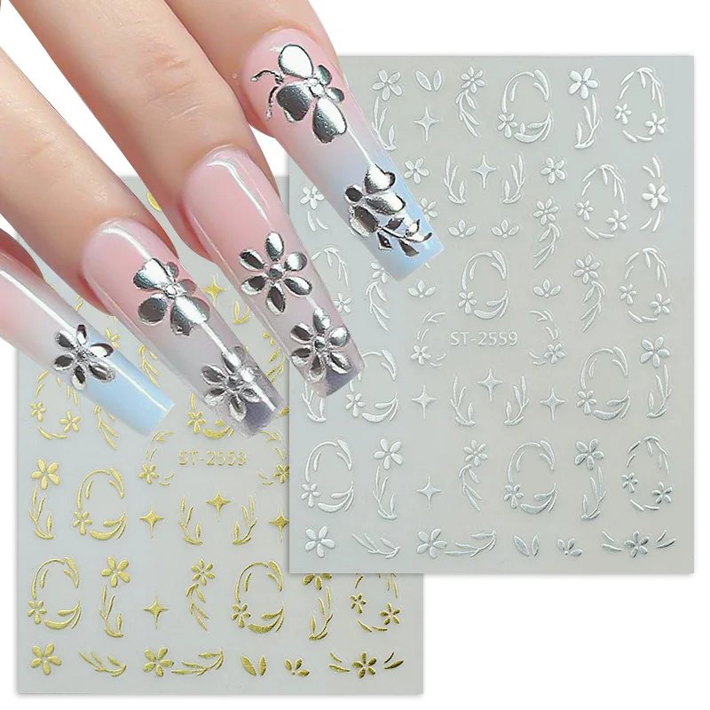 1pc ゴールデンシルバーリーフブランチチップネイルステッカーグラデーションラインスライダー爪用オンブルデザイン自己粘着ネイルアートデカール