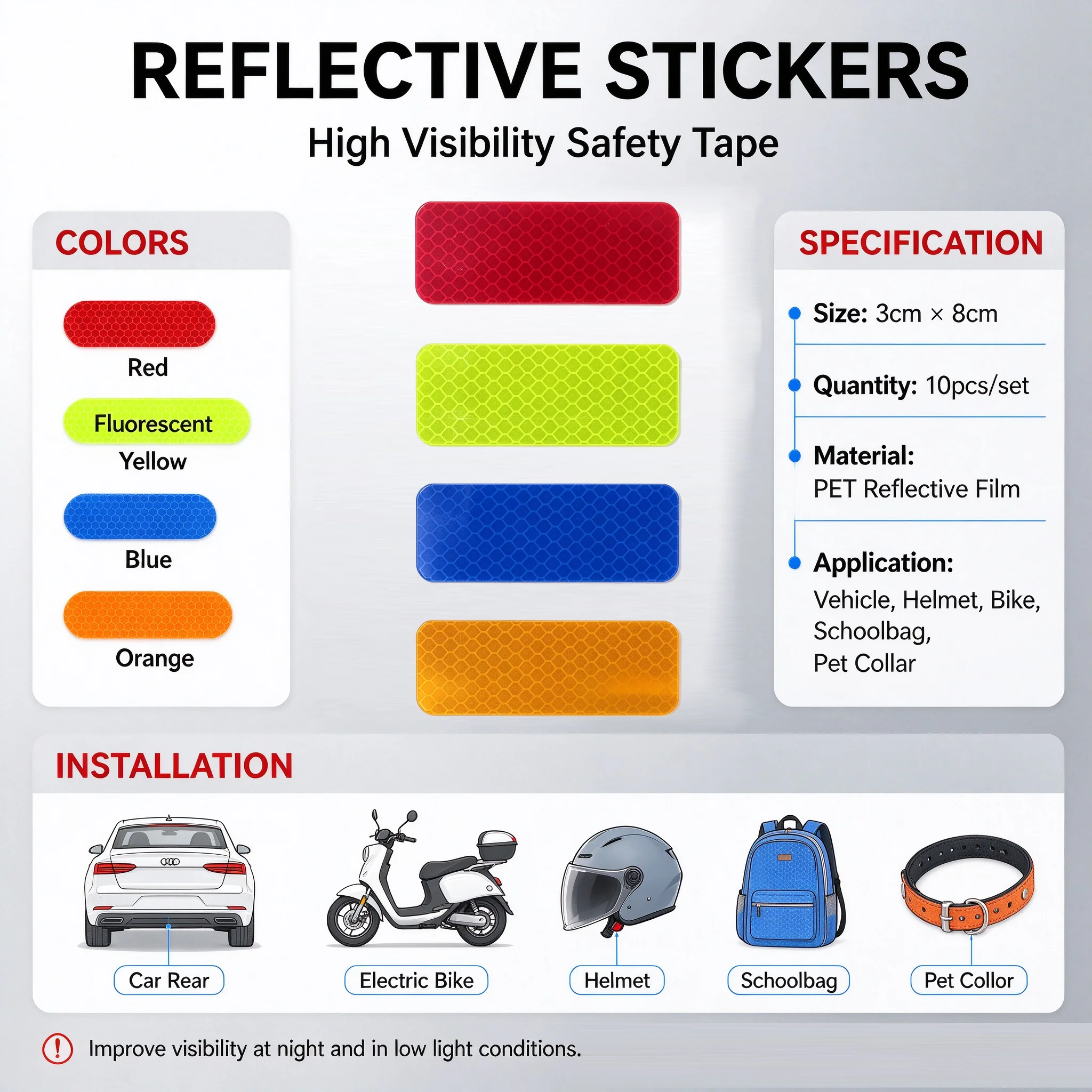 10pcs 3*8cm Car Bumper Reflective Stickers Reflective Warning Strip Tape Secure Reflector Stickers Decals Safety Warning