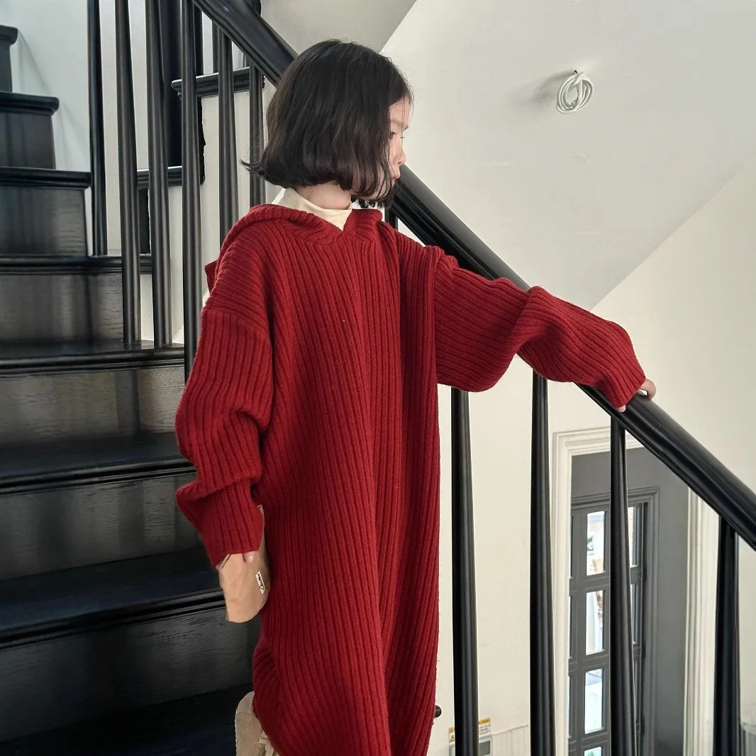 

2025 Winter Girls Knit Dress with Hood Solid Color Thick Long Sweater Dress for Toddlers Warm Pullover Hoodie Christmas Gift