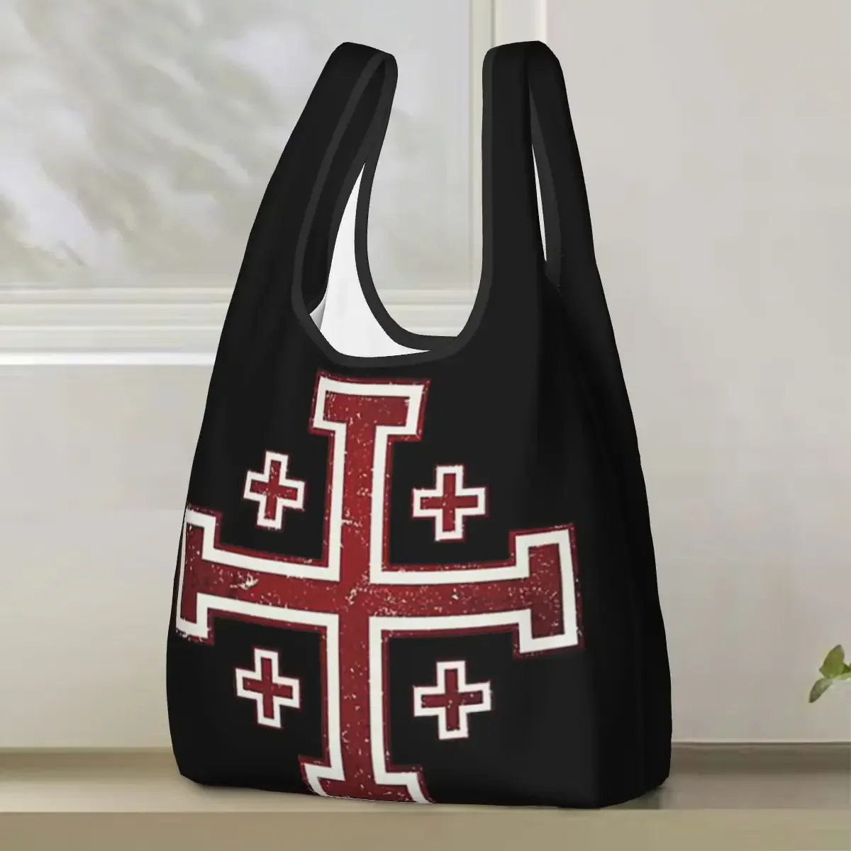Jerusalem Cross Medieval Knights Cross Crusader Shopping Bag Portable Tote Bags Reusable Shoulder Shopper Bag Groceries Handbag