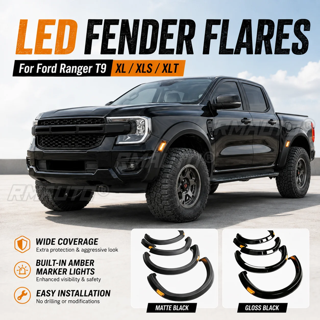 LED Fender Flares Wide Wheel Arch Extensions For Ford Ranger T9 2022+ XL XLS XLT Pickup Truck Accessories