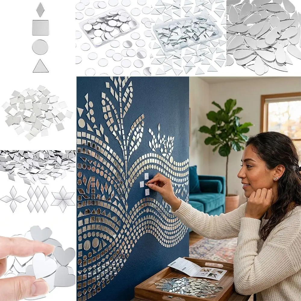 200PCS Multi Shape DIY Craft Mirror Stickers Acrylic Round Square Triangle Mirror Tiles Decals 2.5cm DIY Accessories