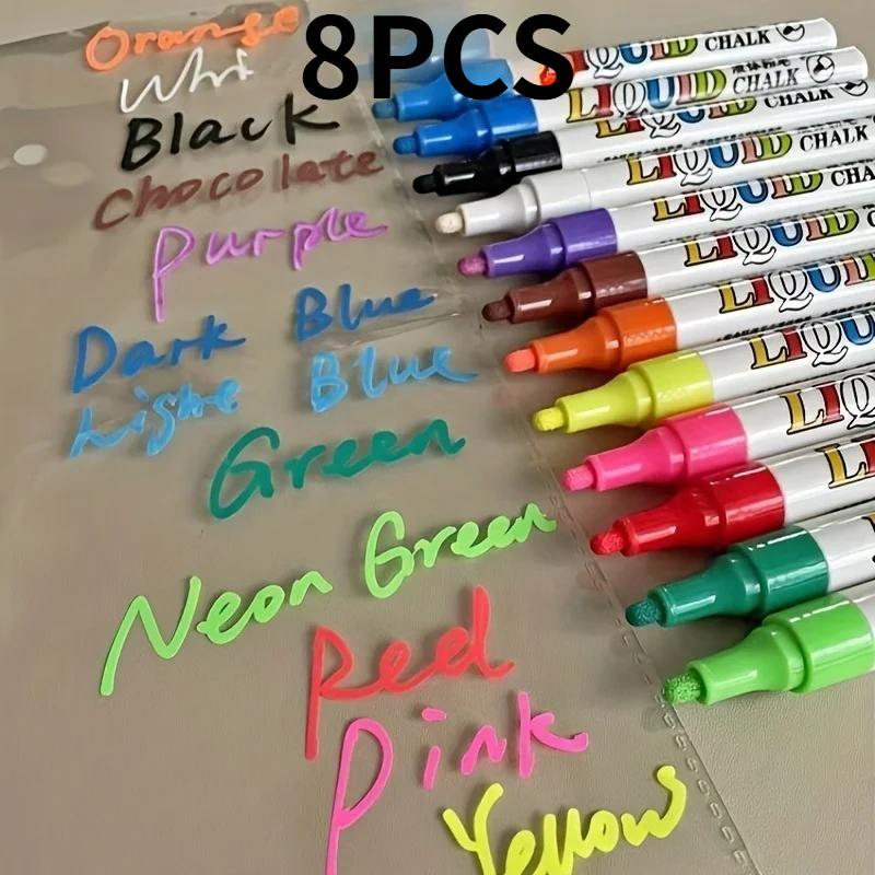 8 Marcadores Líquidos de Giz Neon para Quadro-Negro, Placas de Giz, Janelas de Vidro, Marcadores Apagáveis para Carros, Canetas Coloridas