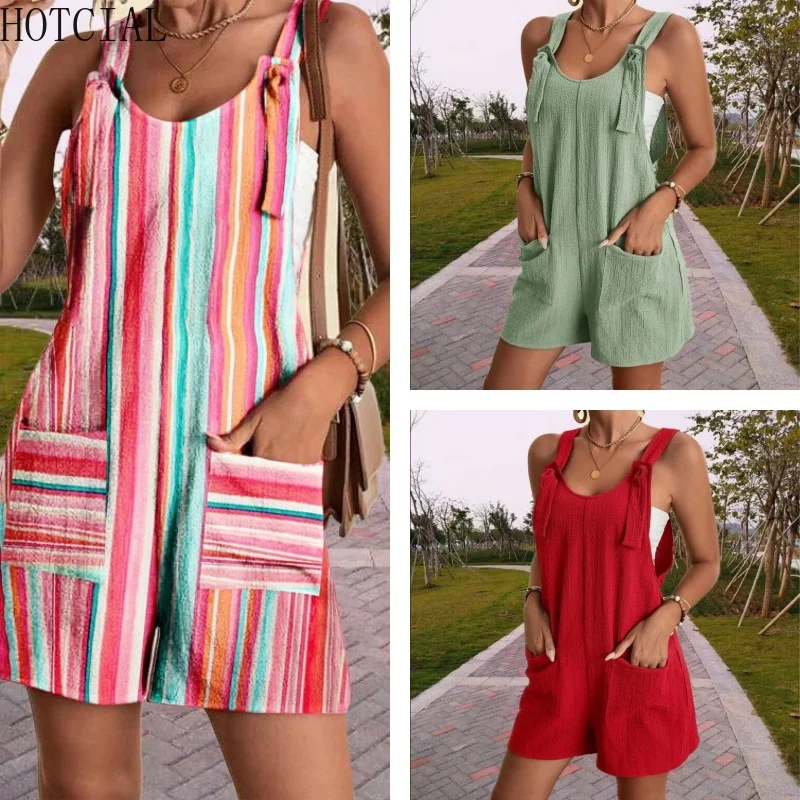 L'été HOTCIAL incontournable! Barboteuse à bretelles Spaghetti pour femmes, coupe ample, combinaison courte décontractée, vêtements de station de plage, robe de jour sans manches