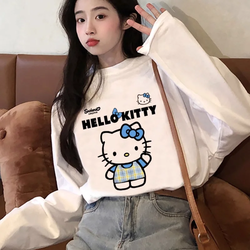 سانريو مرحبا كيتي المرأة تي شيرت Kawaii الكرتون طالب الخريف طويلة الأكمام فضفاضة ملابس علوية من القطن موضة ملابس امرأة جديد #2
